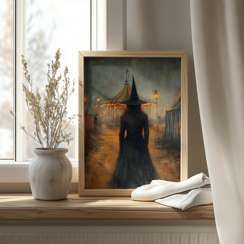 Carnival Witch Halloween art print shown in a room setting