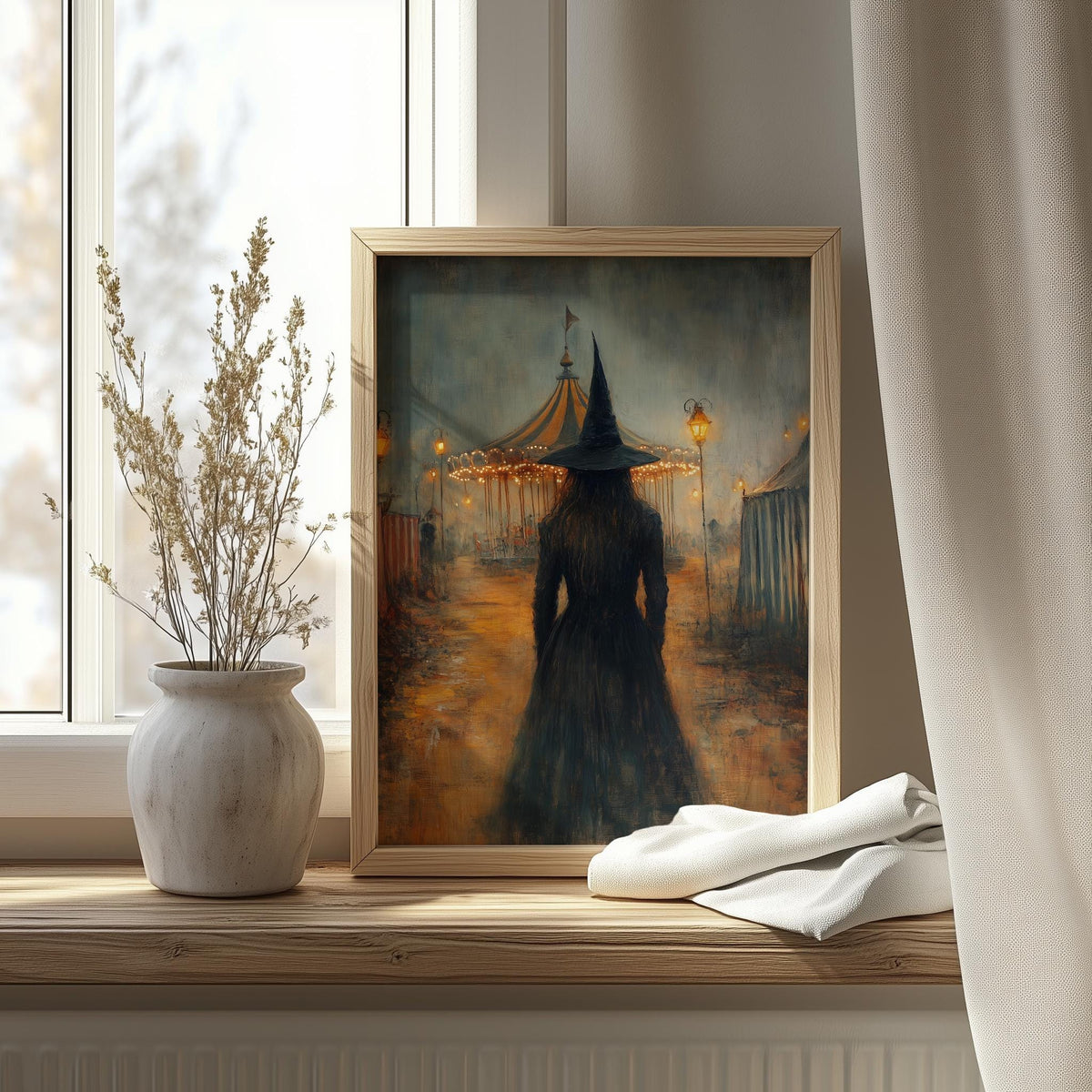 Carnival Witch Halloween art print shown in a room setting