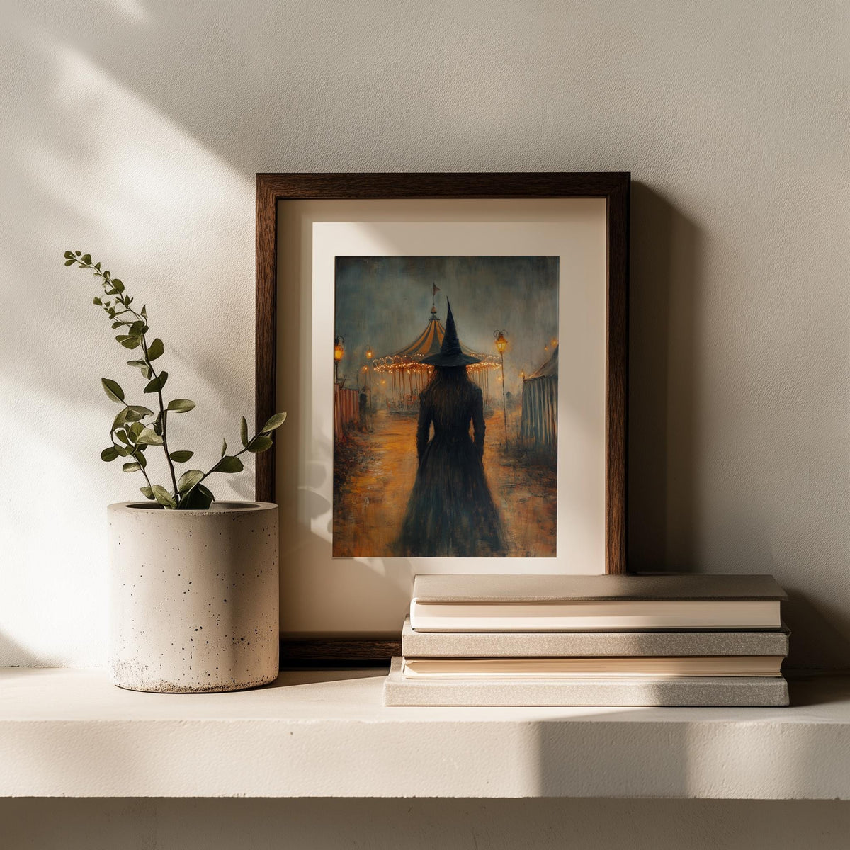 Carnival Witch Halloween art print shown in a room setting