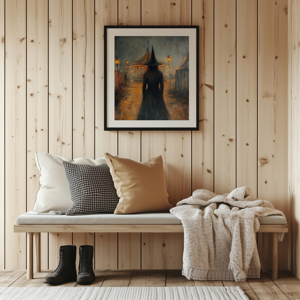Carnival Witch Halloween art print shown in a room setting