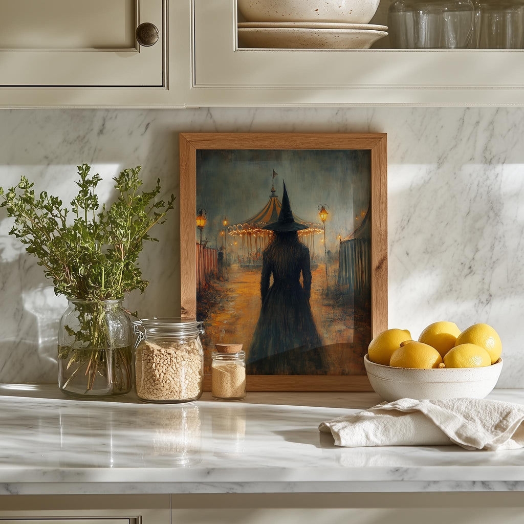 Carnival Witch Halloween art print shown in a room setting