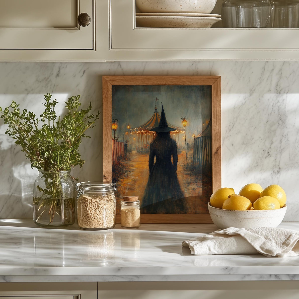 Carnival Witch Halloween art print shown in a room setting