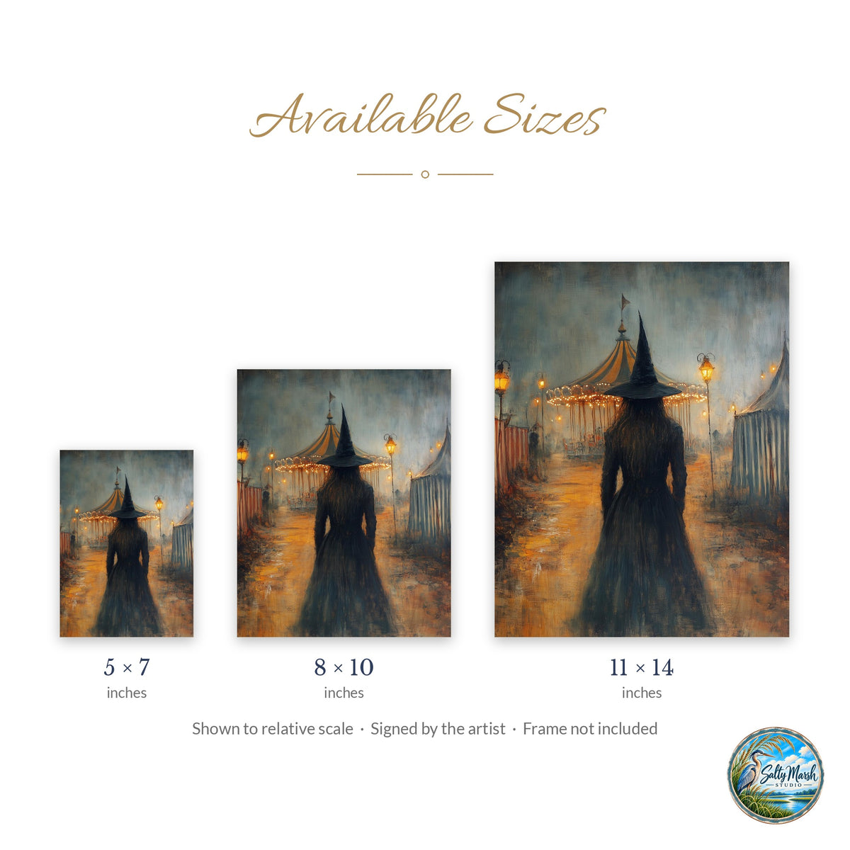 Carnival Witch art print size guide: 5x7, 8x10 and 11x14