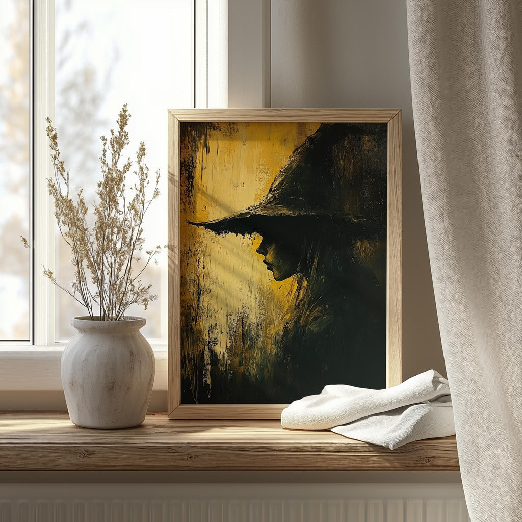 Golden Witch Profile Halloween art print shown in a room setting