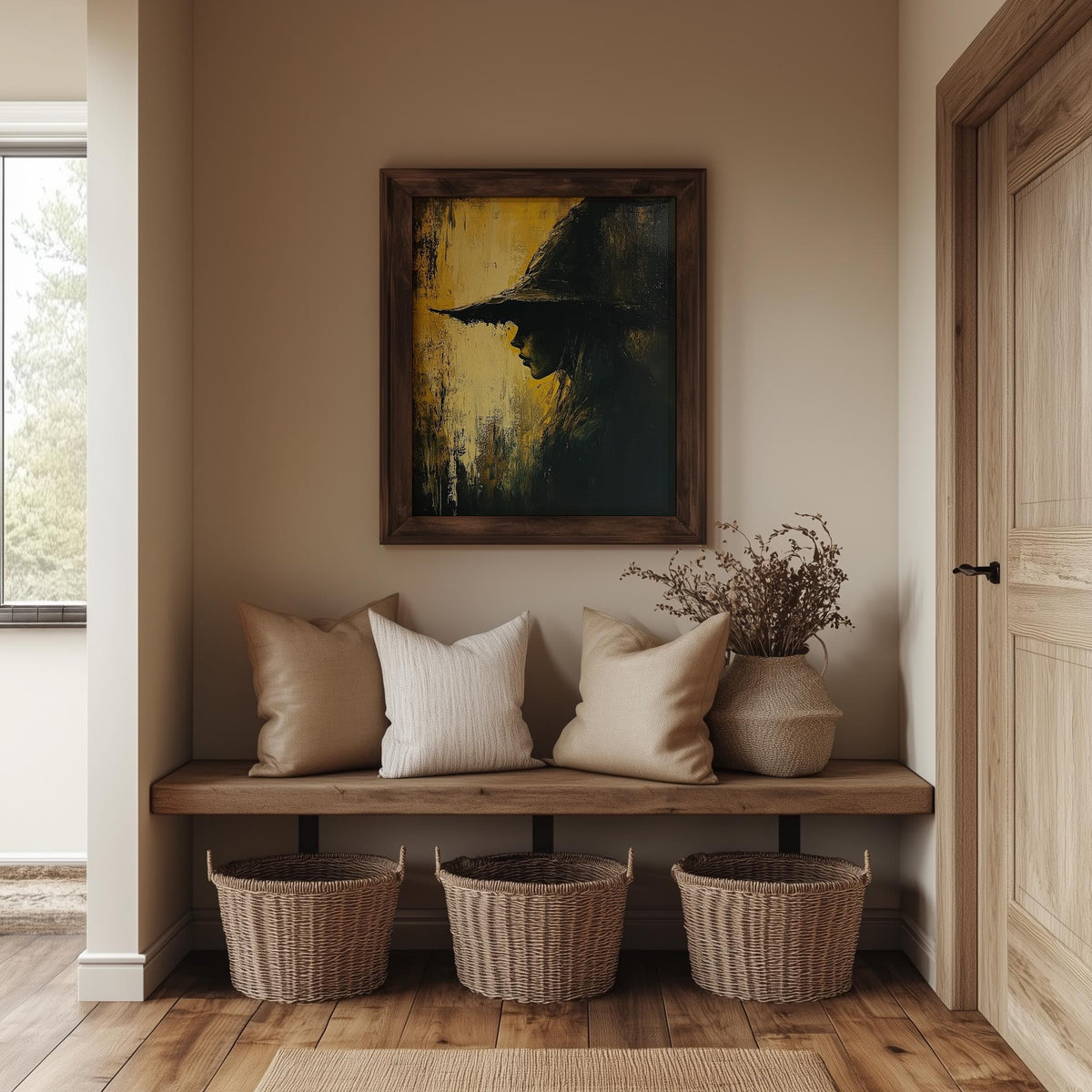 Golden Witch Profile Halloween art print shown in a room setting