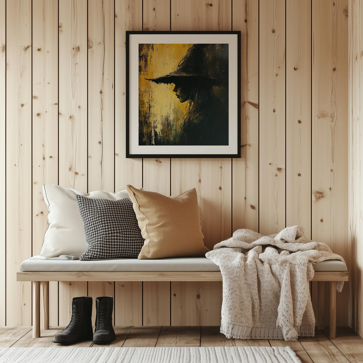 Golden Witch Profile Halloween art print shown in a room setting