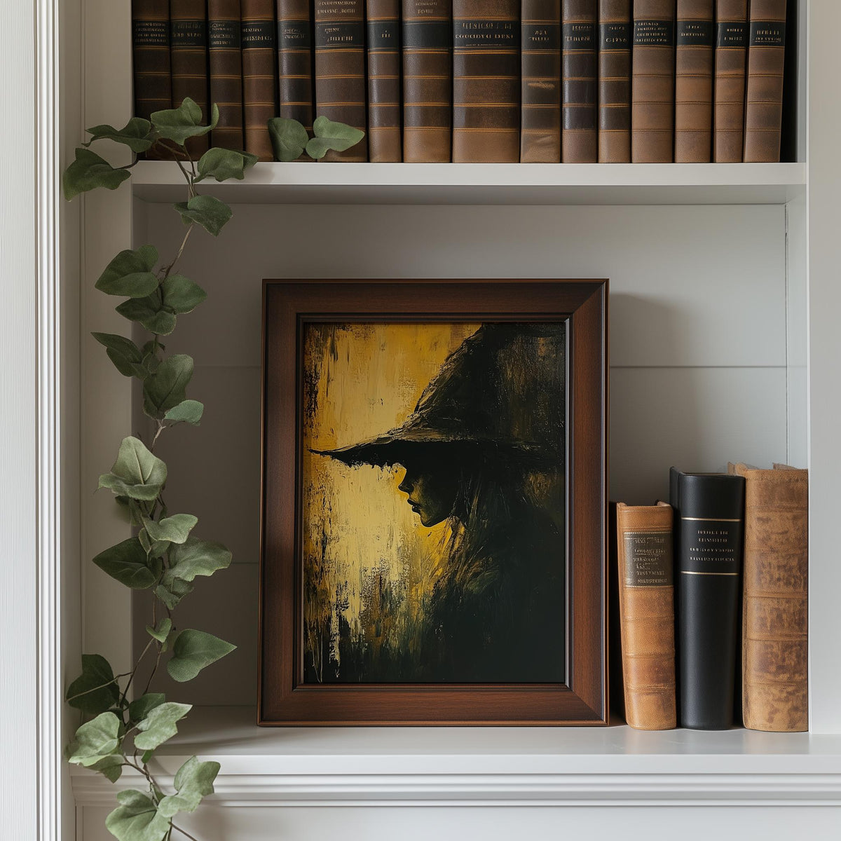 Golden Witch Profile Halloween art print shown in a room setting