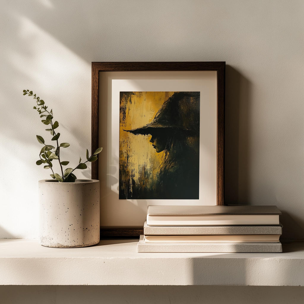 Golden Witch Profile Halloween art print shown in a room setting