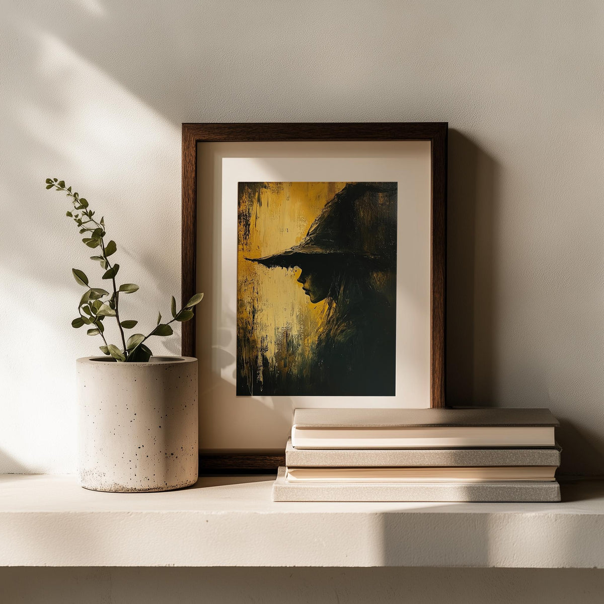 Golden Witch Profile Halloween art print shown in a room setting
