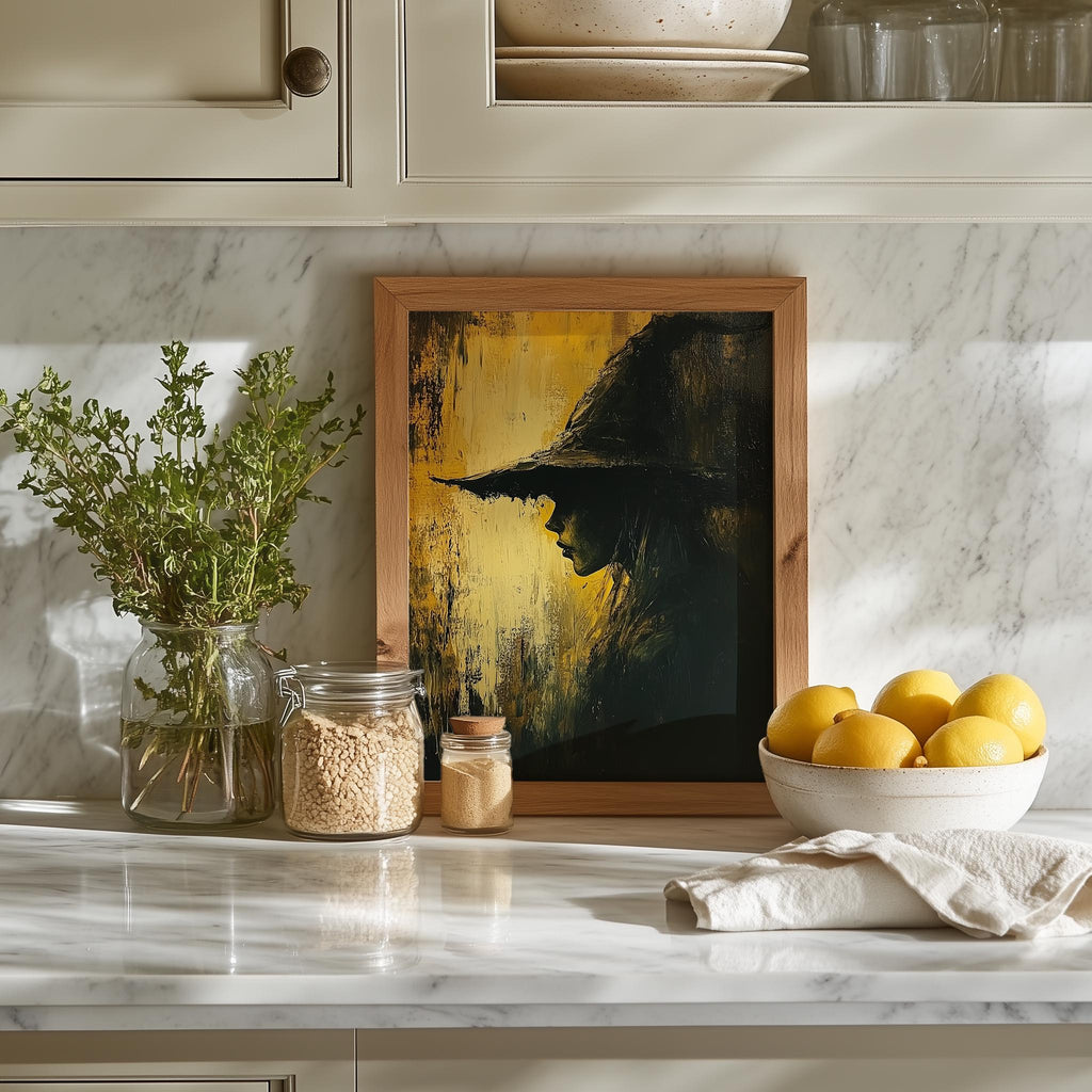 Golden Witch Profile Halloween art print shown in a room setting