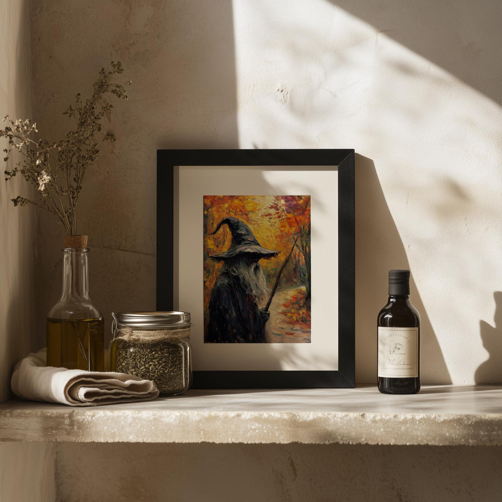 Autumn Path Witch Halloween art print shown in a room setting
