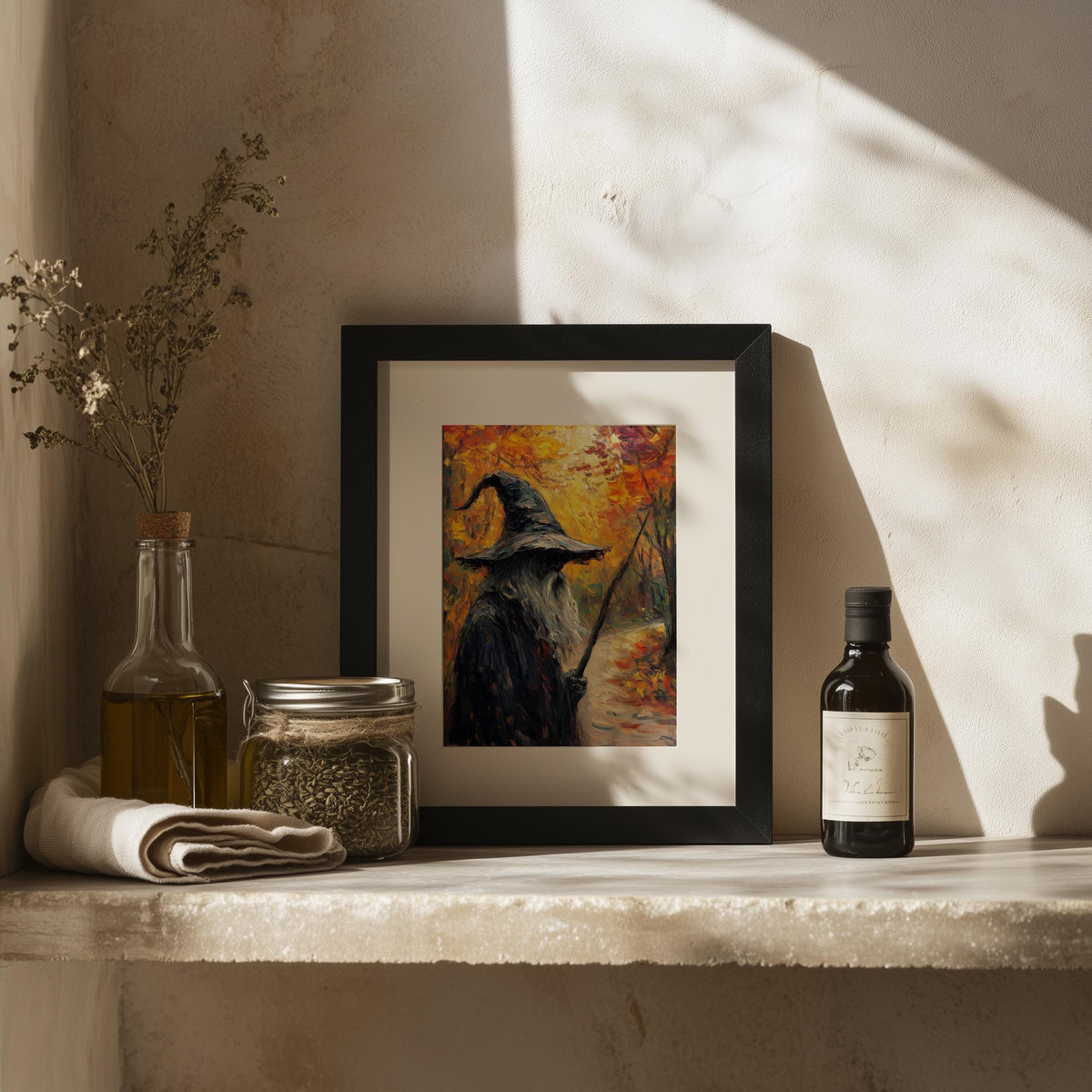 Autumn Path Witch Halloween art print shown in a room setting