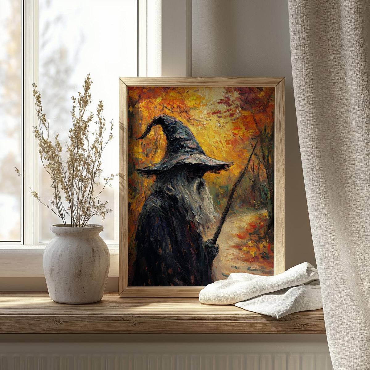 Autumn Path Witch Halloween art print shown in a room setting