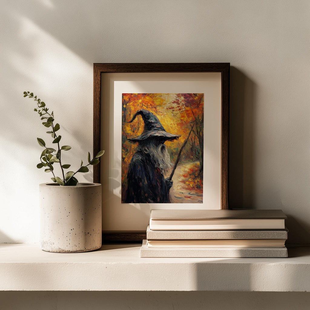 Autumn Path Witch Halloween art print shown in a room setting