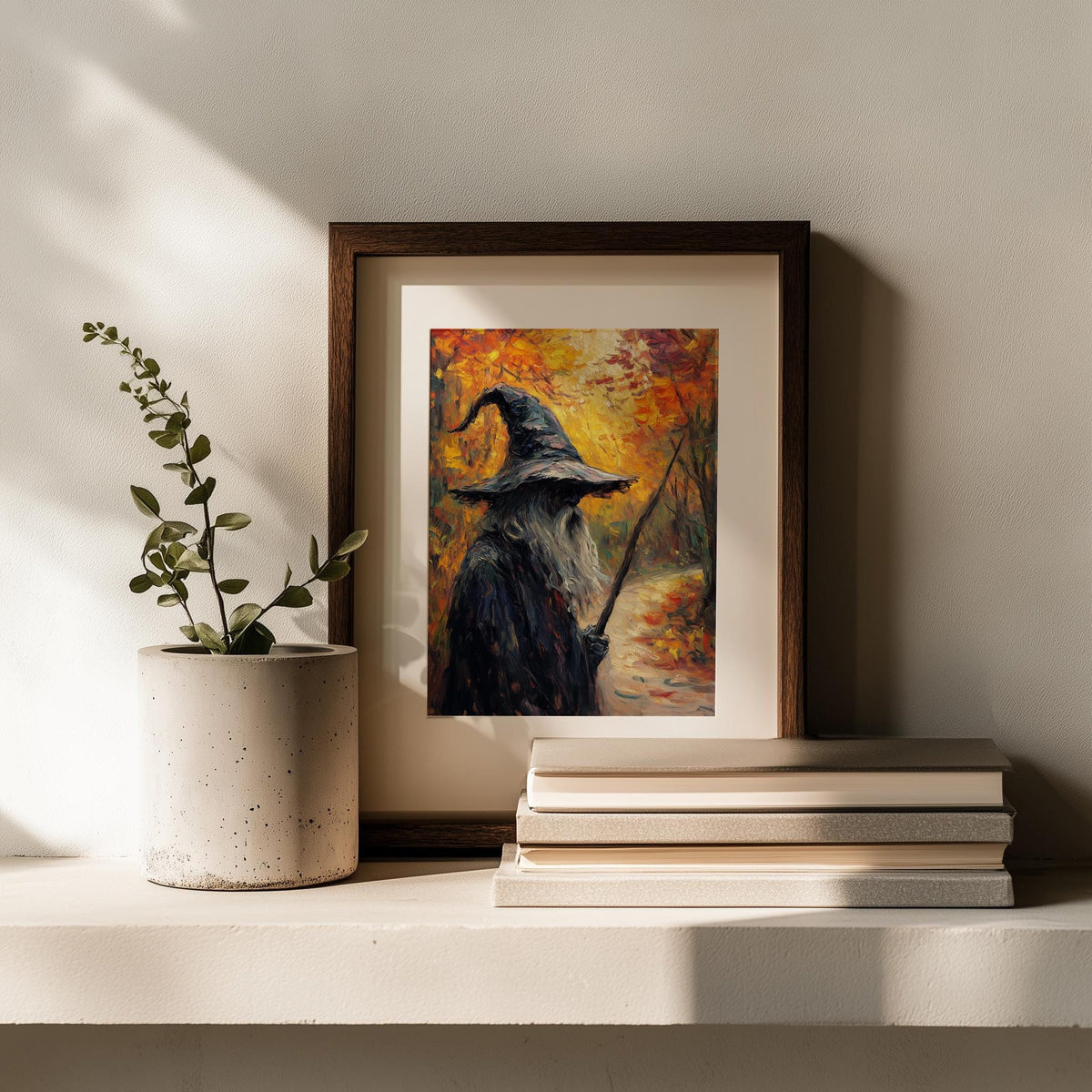 Autumn Path Witch Halloween art print shown in a room setting