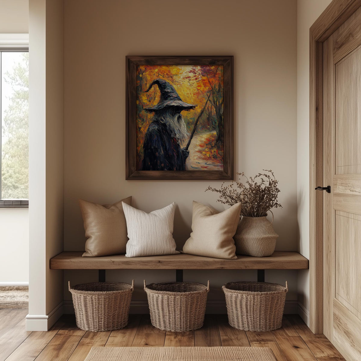Autumn Path Witch Halloween art print shown in a room setting