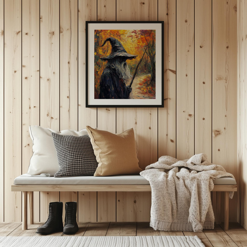 Autumn Path Witch Halloween art print shown in a room setting