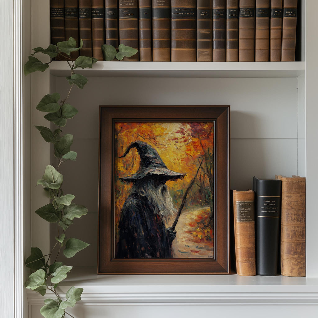 Autumn Path Witch Halloween art print shown in a room setting