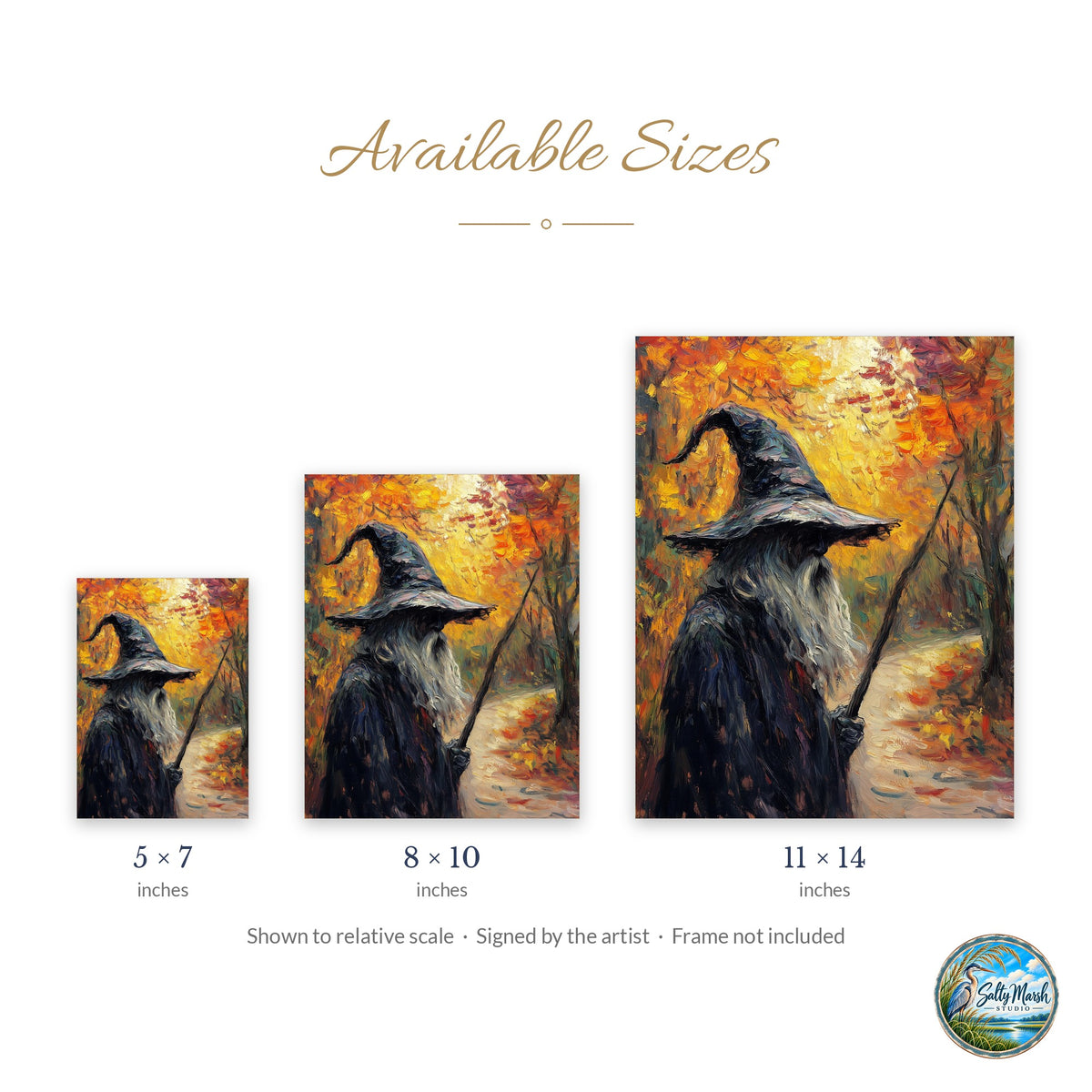 Autumn Path Witch art print size guide: 5x7, 8x10 and 11x14