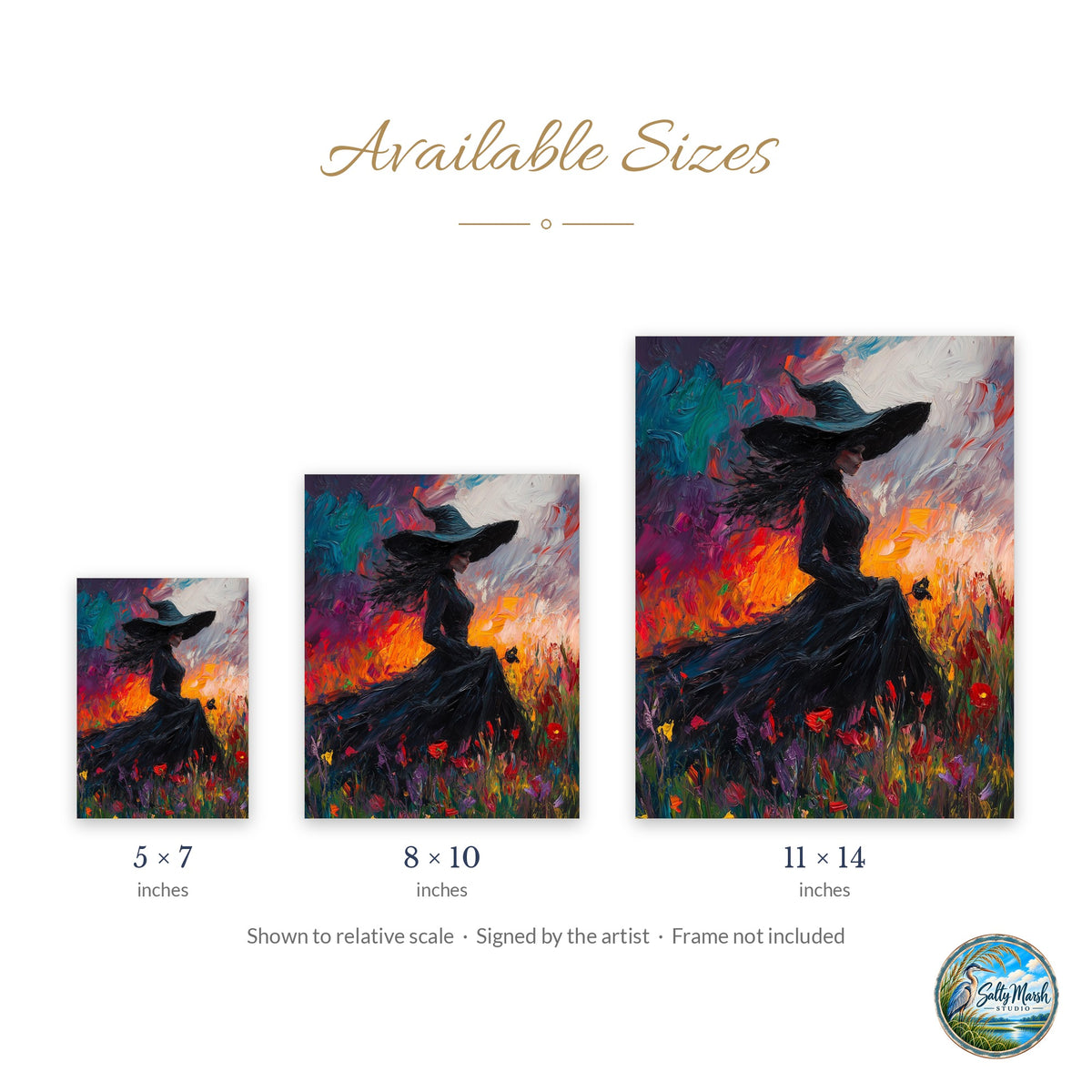 Wildflower Witch art print size guide: 5x7, 8x10 and 11x14