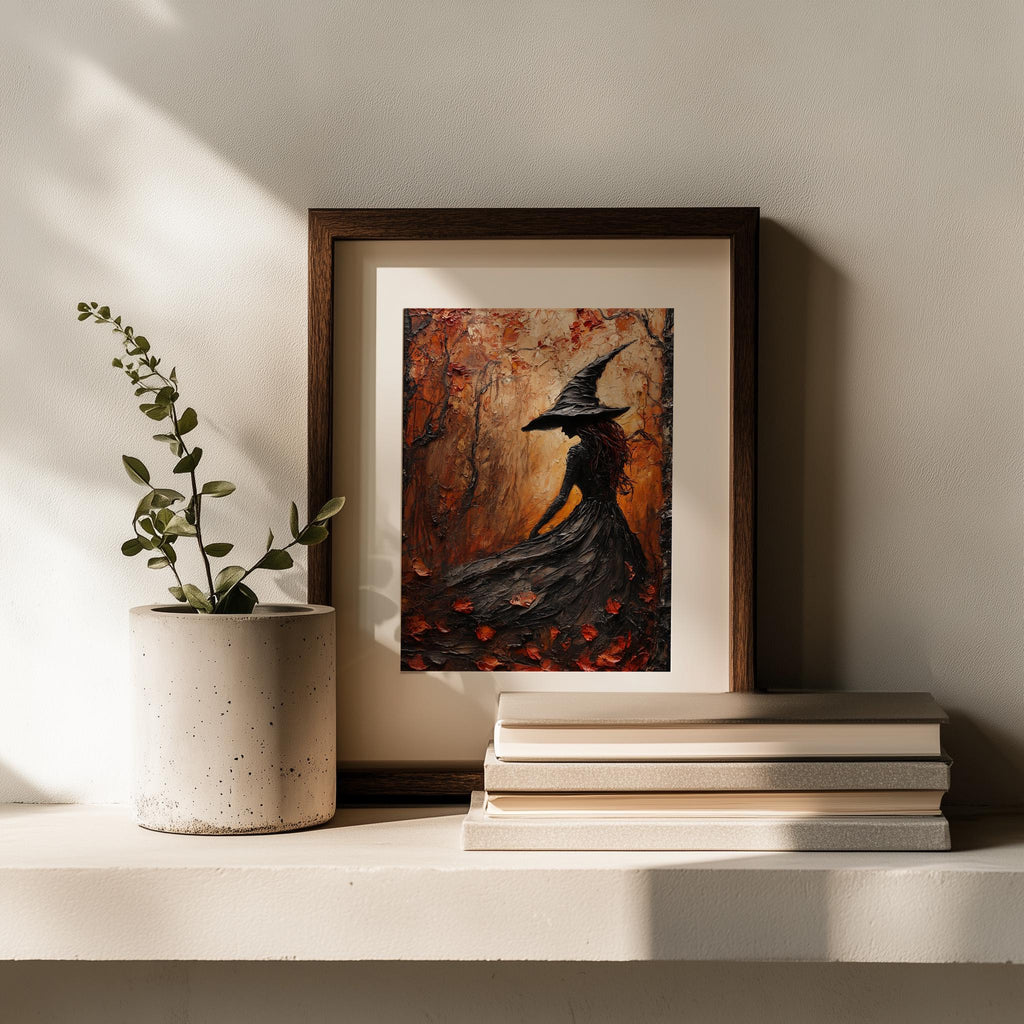 Red Forest Witch Halloween art print shown in a room setting