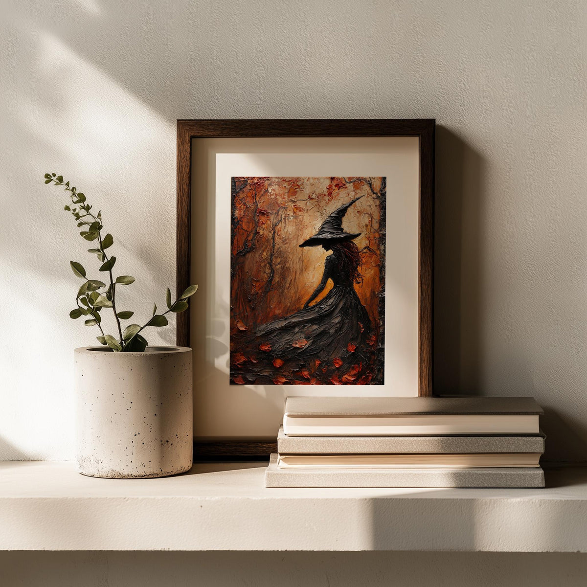 Red Forest Witch Halloween art print shown in a room setting