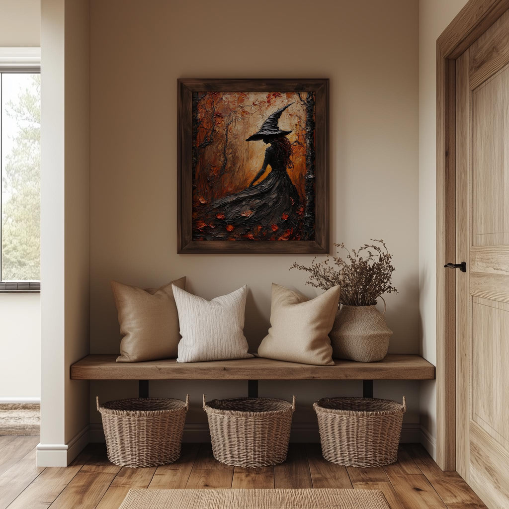Red Forest Witch Halloween art print shown in a room setting