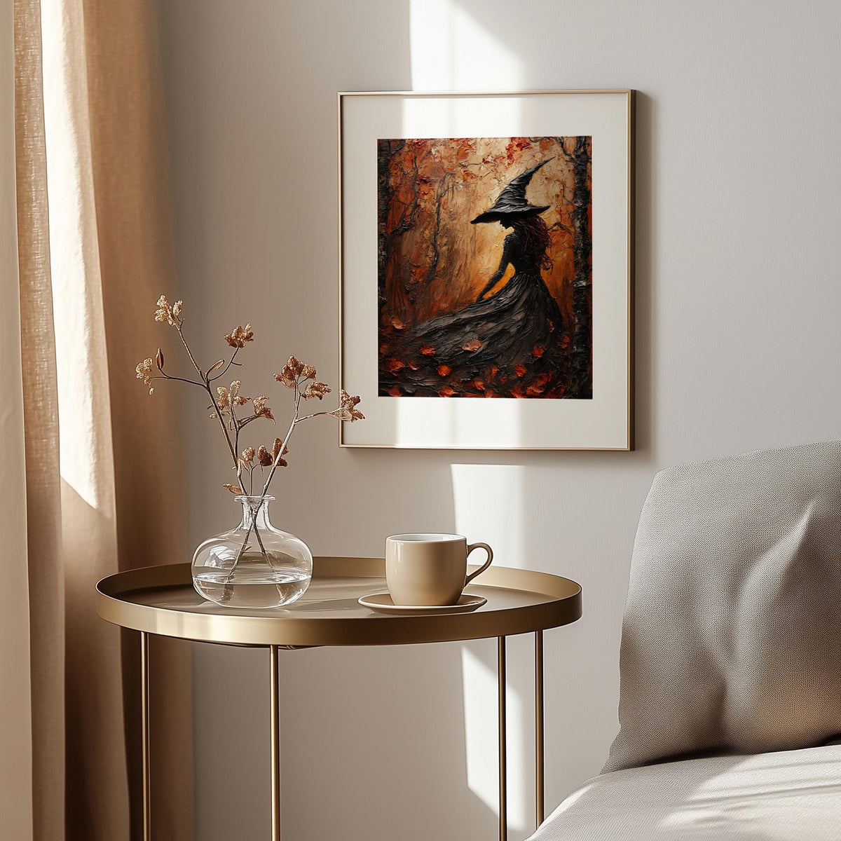 Red Forest Witch Halloween art print shown in a room setting
