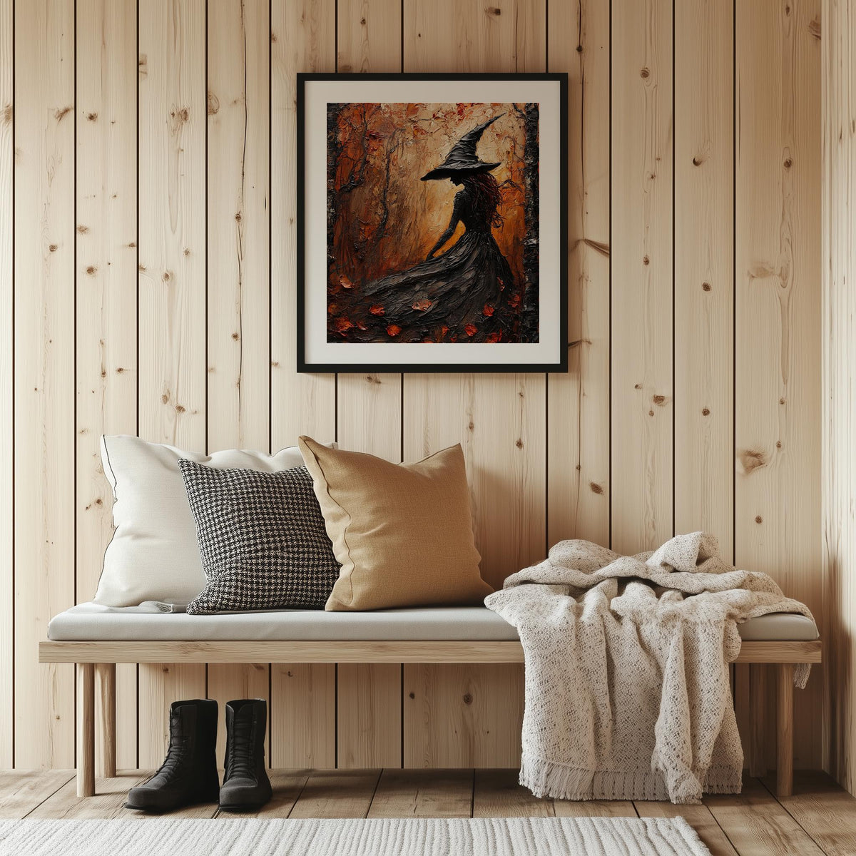 Red Forest Witch Halloween art print shown in a room setting