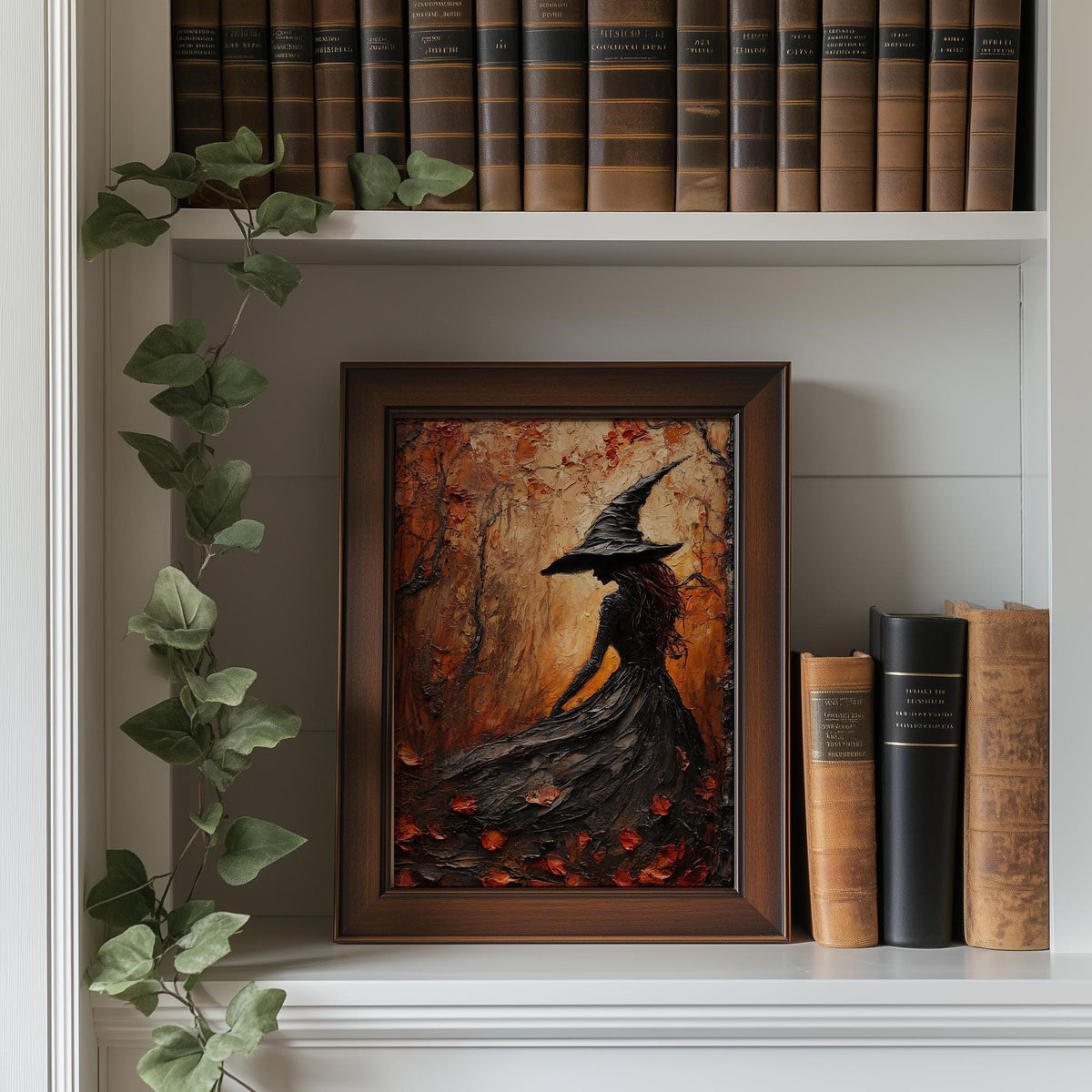Red Forest Witch Halloween art print shown in a room setting