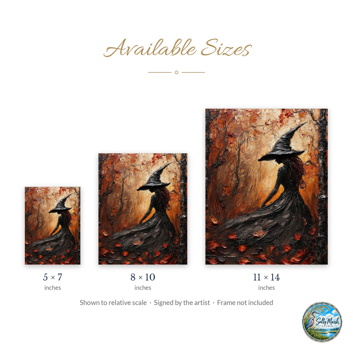 Red Forest Witch art print size guide: 5x7, 8x10 and 11x14