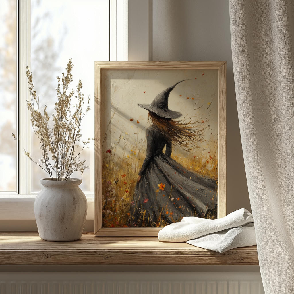 Windswept Witch Halloween art print shown in a room setting