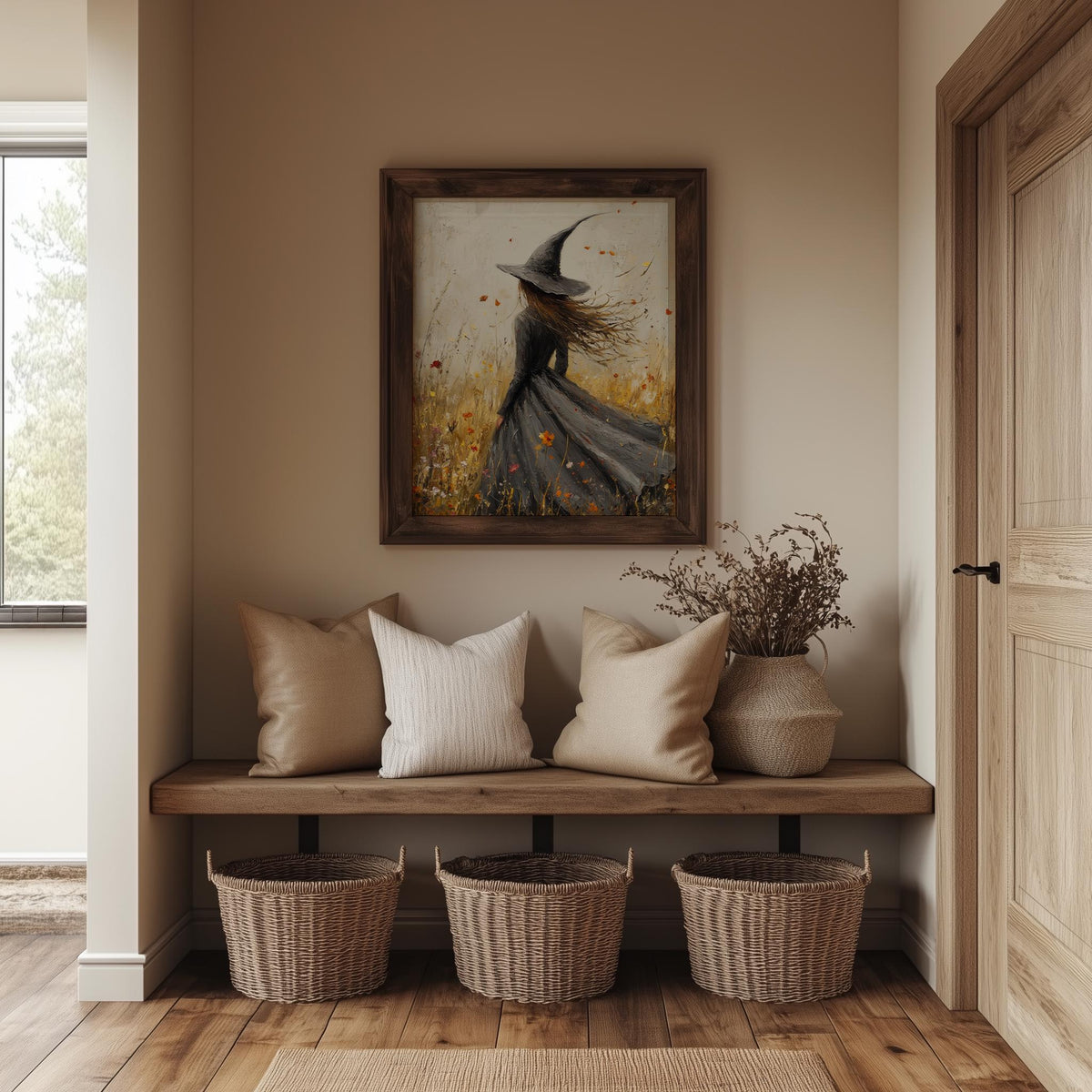 Windswept Witch Halloween art print shown in a room setting