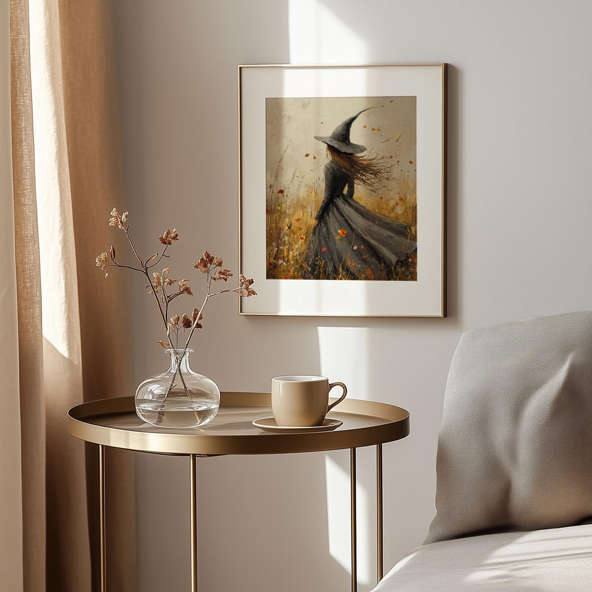 Windswept Witch Halloween art print shown in a room setting