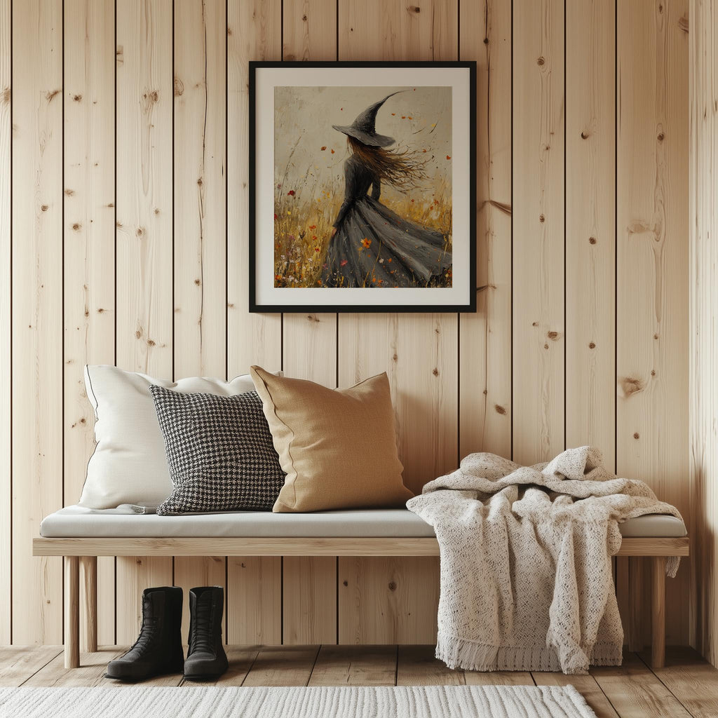 Windswept Witch Halloween art print shown in a room setting
