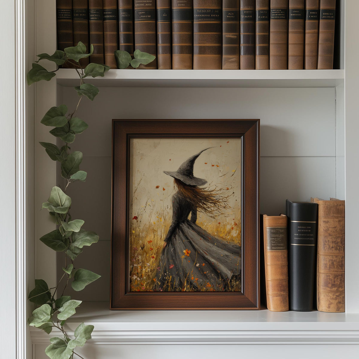 Windswept Witch Halloween art print shown in a room setting
