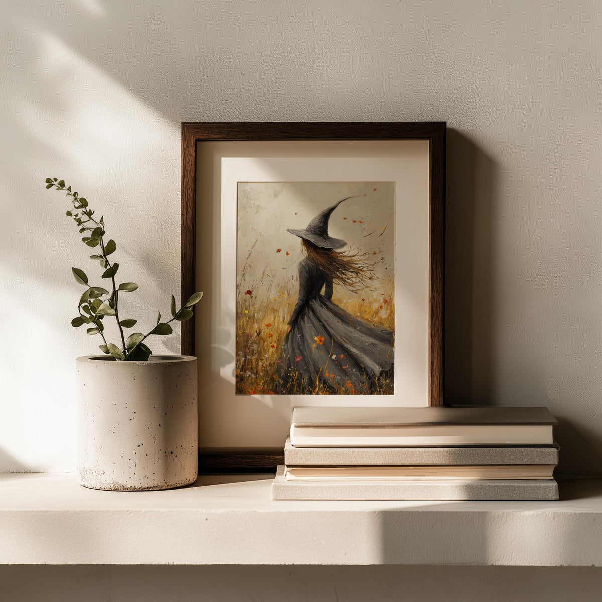 Windswept Witch Halloween art print shown in a room setting