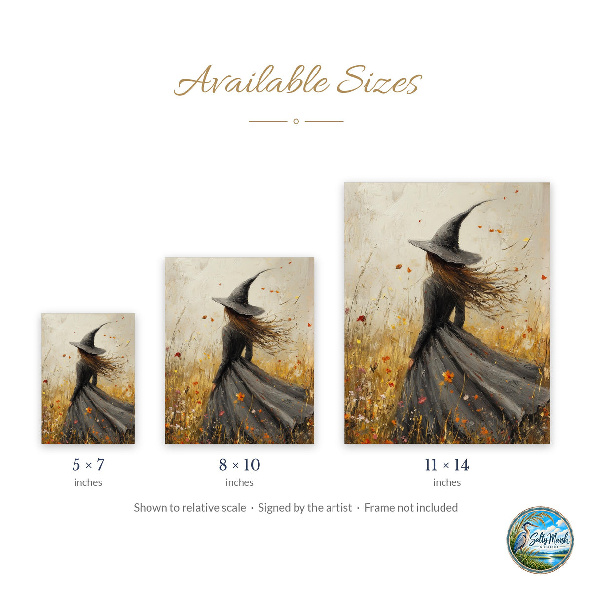 Windswept Witch art print size guide: 5x7, 8x10 and 11x14