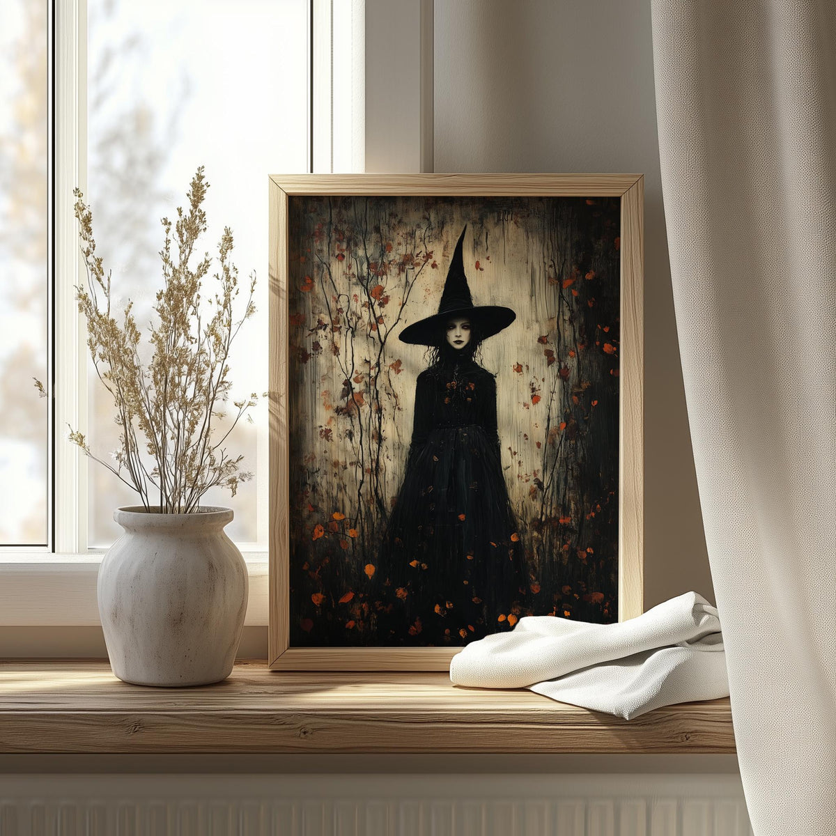 Leaf Fall Witch Halloween art print shown in a room setting