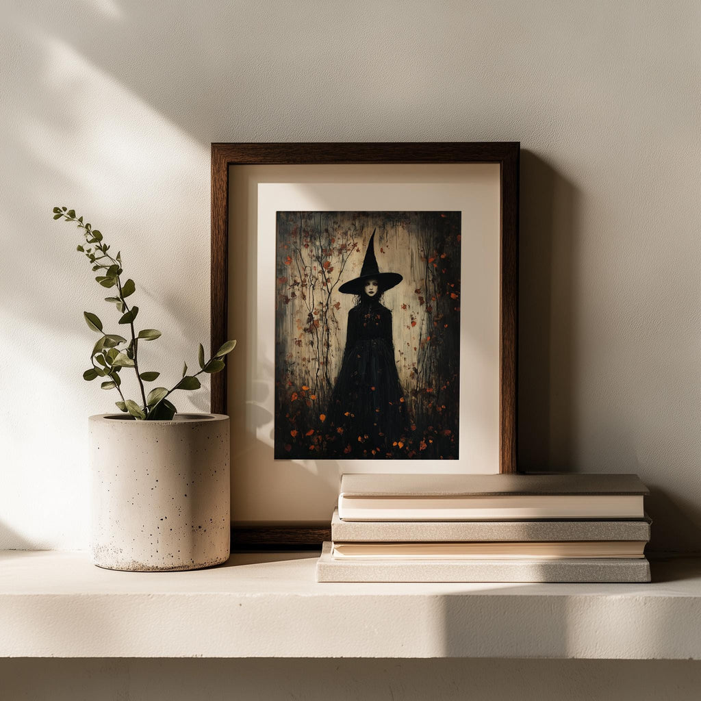 Leaf Fall Witch Halloween art print shown in a room setting