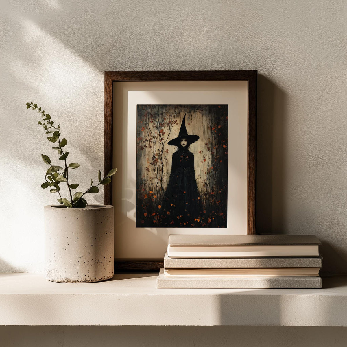Leaf Fall Witch Halloween art print shown in a room setting
