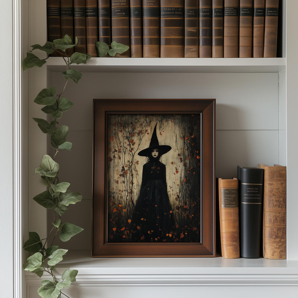 Leaf Fall Witch Halloween art print shown in a room setting