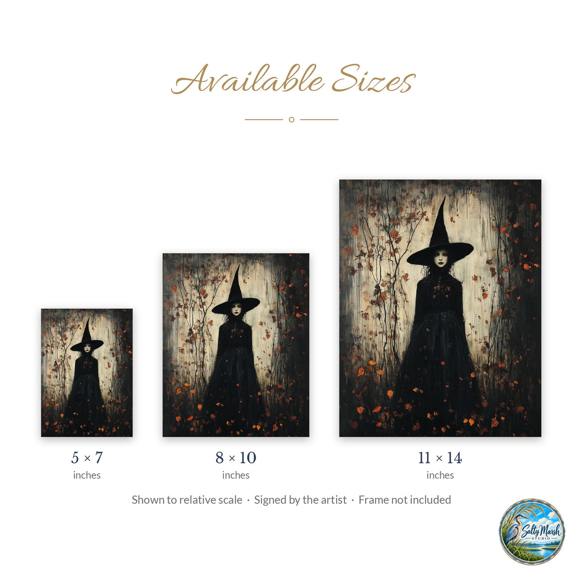 Leaf Fall Witch art print size guide: 5x7, 8x10 and 11x14
