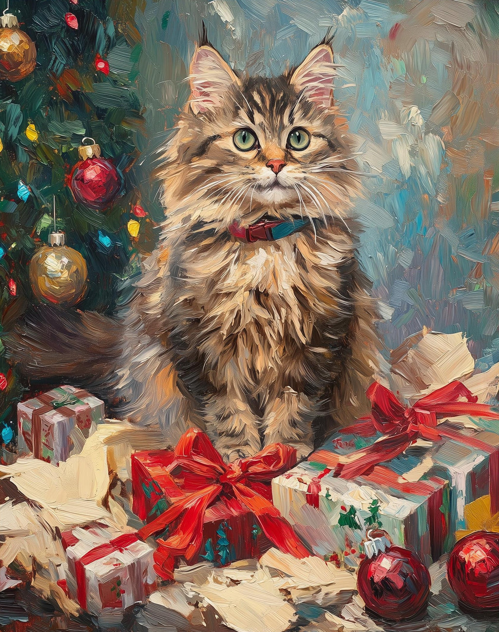 Maine Coon Christmas art print unframed, signed by Pattie Overcash