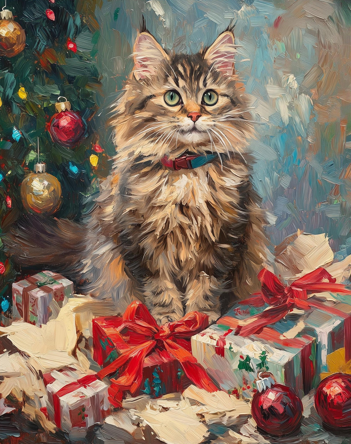 Maine Coon Christmas art print unframed, signed by Pattie Overcash