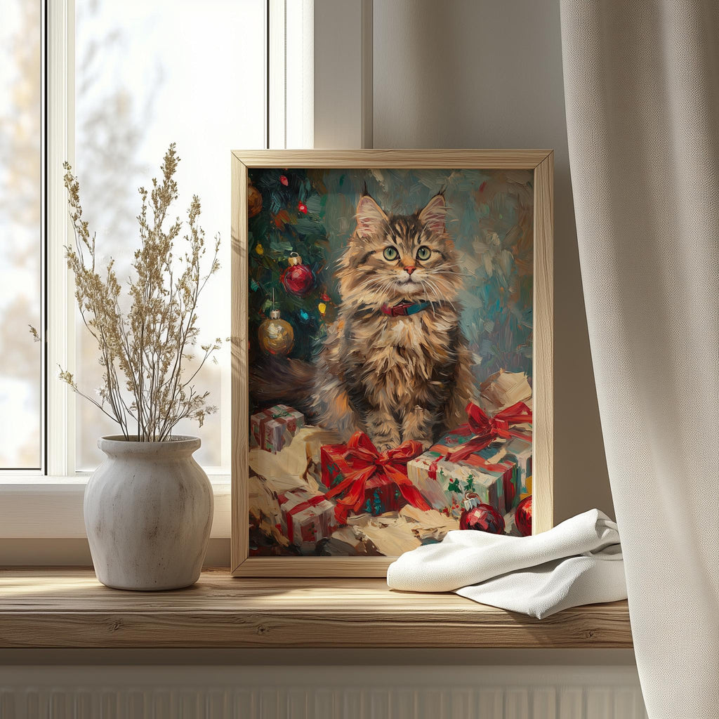 Maine Coon Christmas art print shown in a room setting