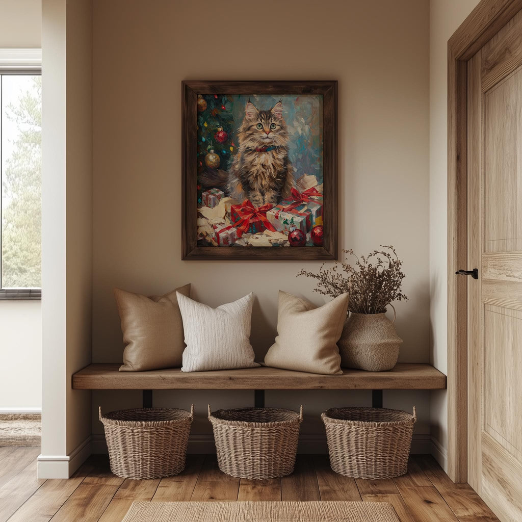 Maine Coon Christmas art print shown in a room setting