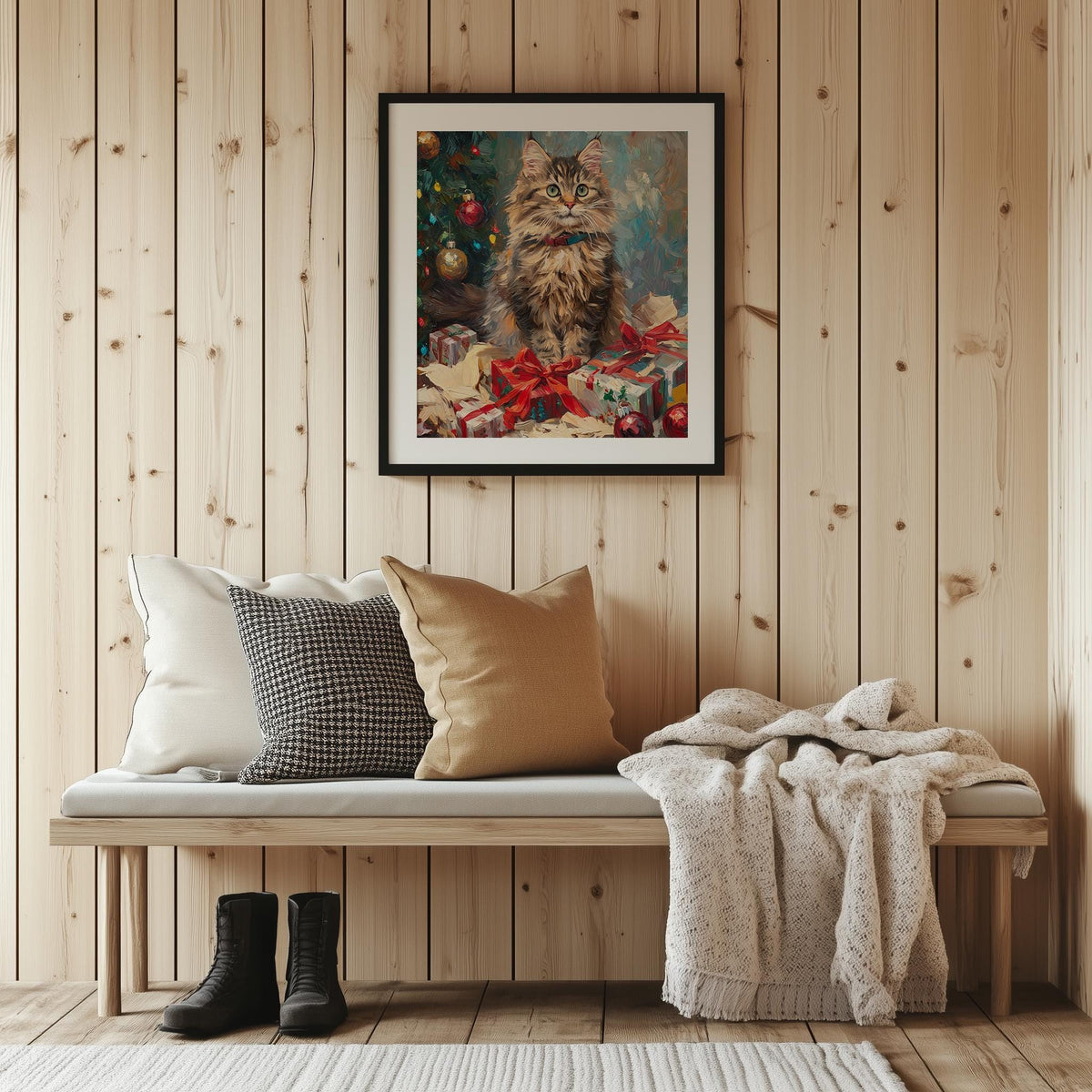 Maine Coon Christmas art print shown in a room setting