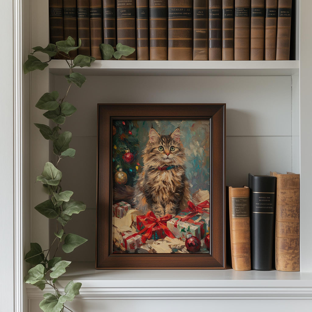 Maine Coon Christmas art print shown in a room setting