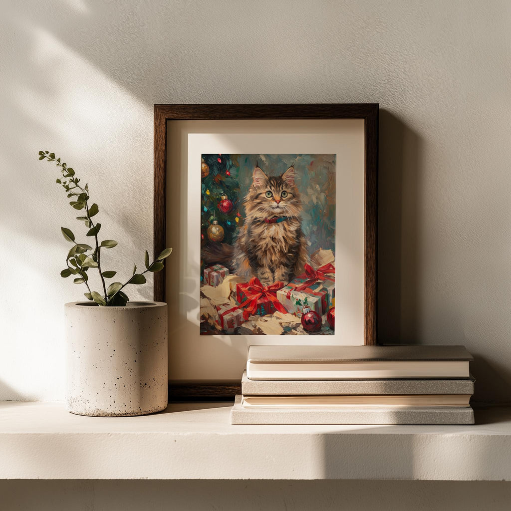 Maine Coon Christmas art print shown in a room setting